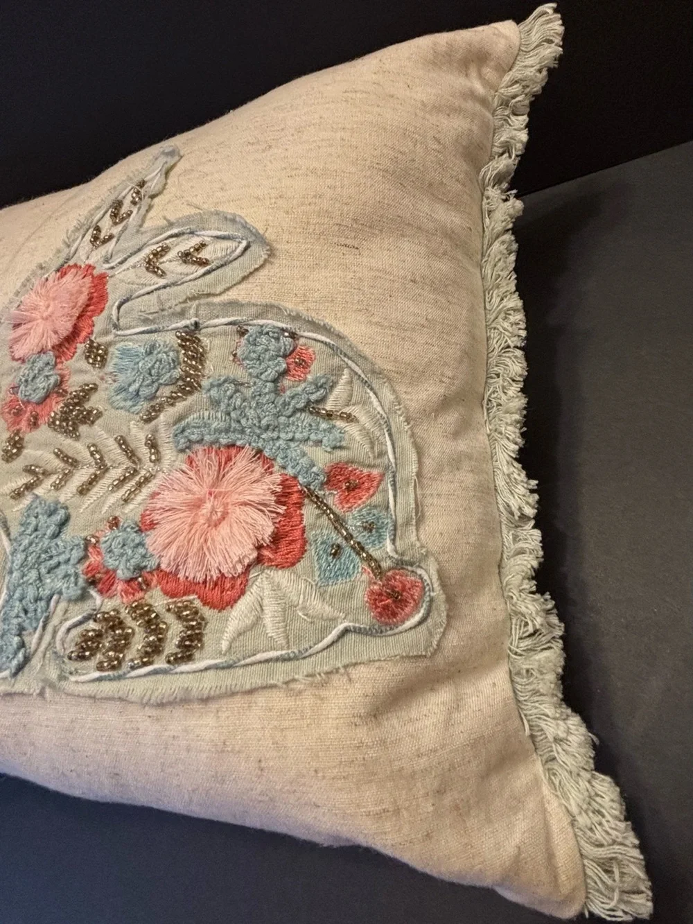 Pier 1 Appliqué Embroidered Rabbit Design Pillow Boho Cottagecore Fringe 20x11